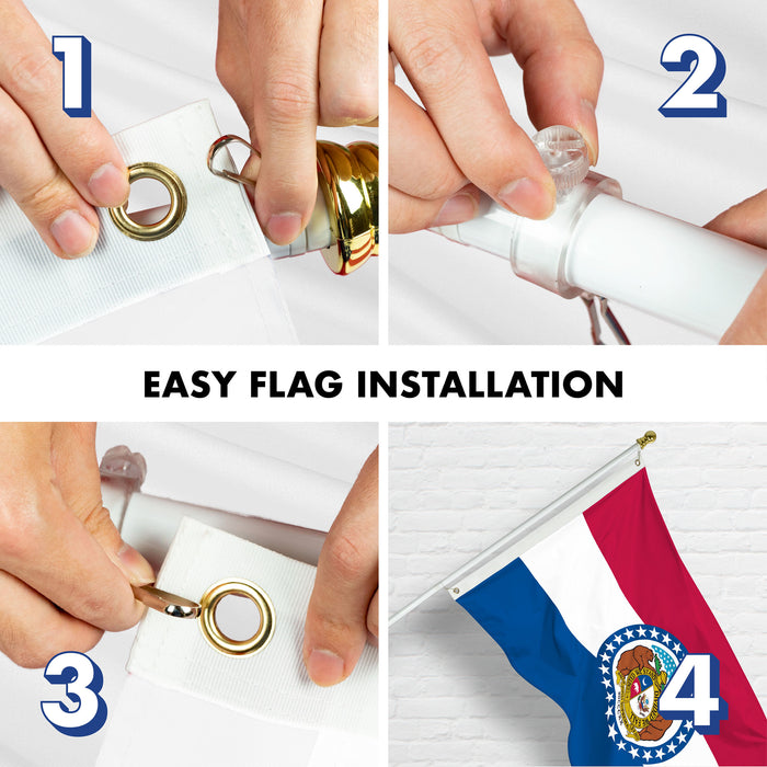 G128 Combo Pack: 6 Ft Tangle Free Spinning Flagpole (White) & Missouri Flag 3x5 Ft Printed 150D Polyester, Brass Grommets (Flag Included) Aluminum Flag Pole