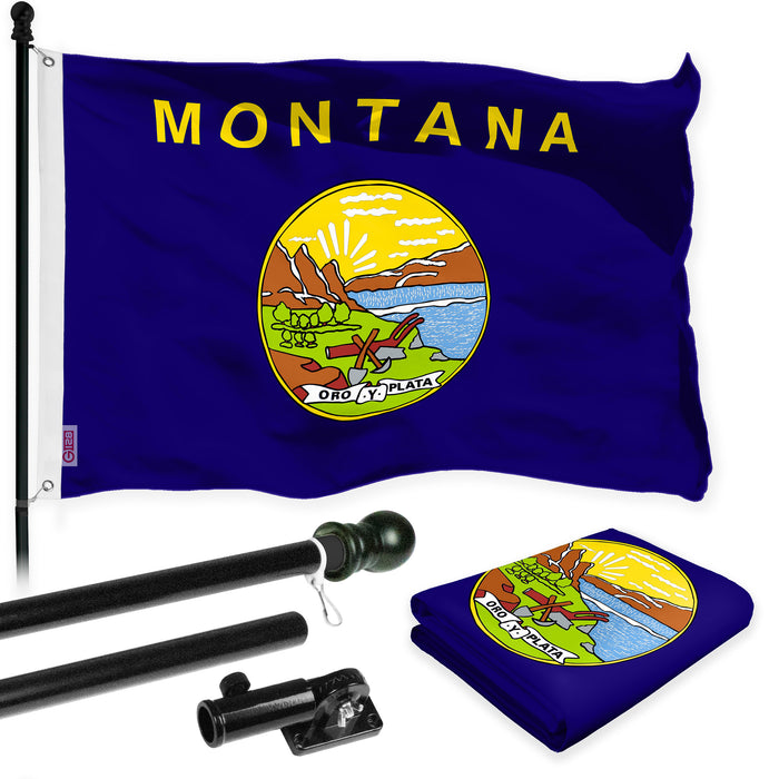 G128 Combo Pack: 6 Ft Tangle Free Spinning Flagpole (Black) & Montana Flag 3x5 Ft Printed 150D Polyester, Brass Grommets (Flag Included) Aluminum Flag Pole