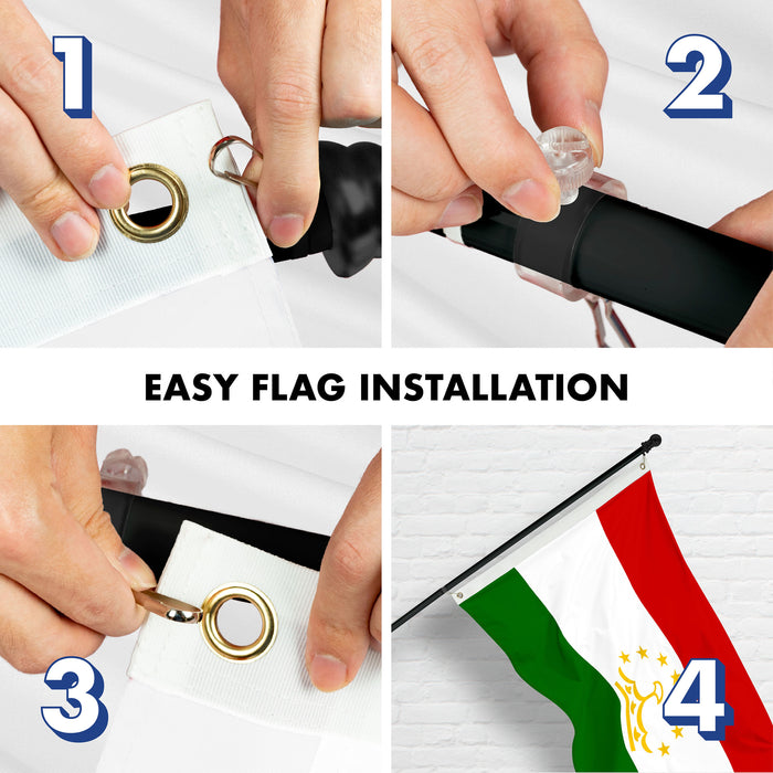 G128 Combo Pack: 6 Ft Tangle Free Spinning Flagpole (Black) & Tajikistan Flag 3x5 Ft Printed 150D Polyester, Brass Grommets (Flag Included) Aluminum Flag Pole