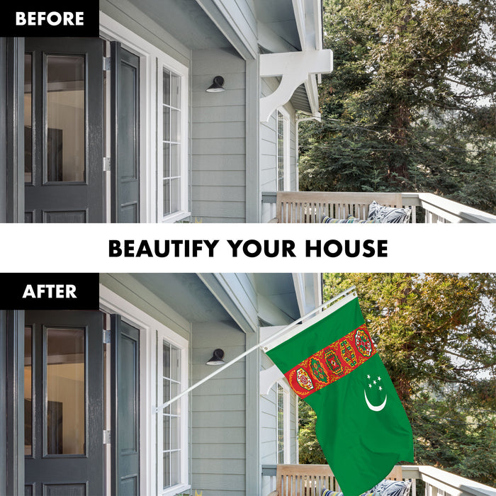 G128 Combo Pack: 6 Ft Tangle Free Spinning Flagpole (White) & Turkmenistan Flag 3x5 Ft Printed 150D Polyester, Brass Grommets (Flag Included) Aluminum Flag Pole