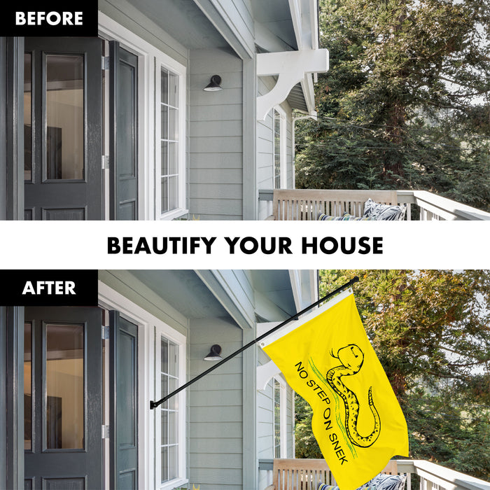 G128 Combo Pack: 6 Ft Tangle Free Spinning Flagpole (Black) & No Step on Snek Cute Cartoon Flag 3x5 Ft Printed 150D Polyester, Brass Grommets (Flag Included) Aluminum Flag Pole