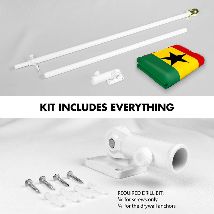G128 Combo Pack: 6 Ft Tangle Free Spinning Flagpole (White) & Ghana Flag 3x5 Ft Printed 150D Polyester, Brass Grommets (Flag Included) Aluminum Flag Pole