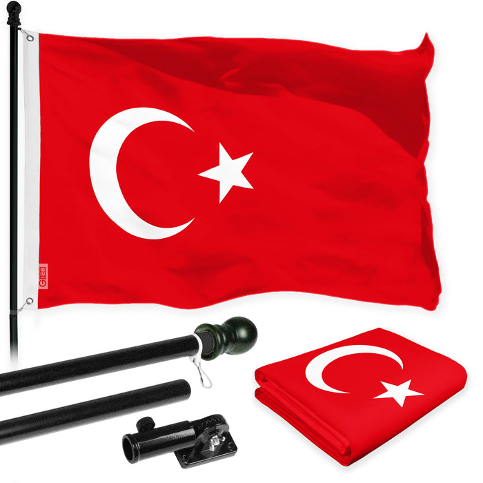 G128 Combo Pack: 6 Ft Tangle Free Spinning Flagpole (Black) & Turkey Flag 3x5 Ft Printed 150D Polyester, Brass Grommets (Flag Included) Aluminum Flag Pole