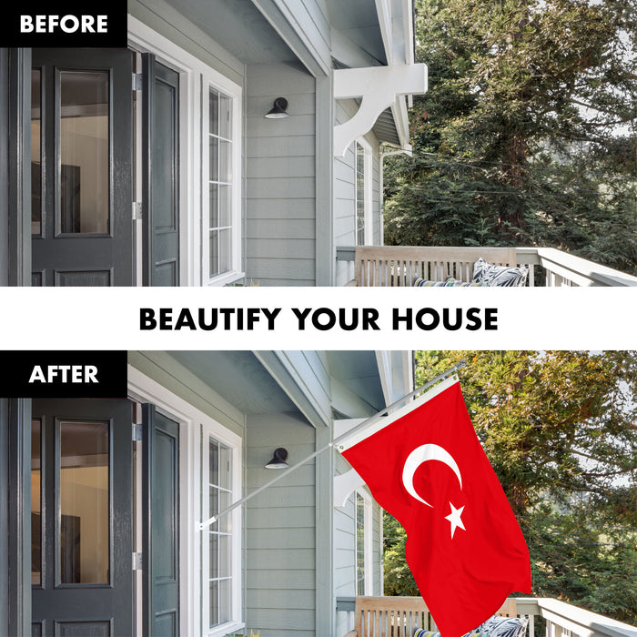G128 Combo Pack: 6 Ft Tangle Free Spinning Flagpole (Silver) & Turkey Flag 3x5 Ft Printed 150D Polyester, Brass Grommets (Flag Included) Aluminum Flag Pole