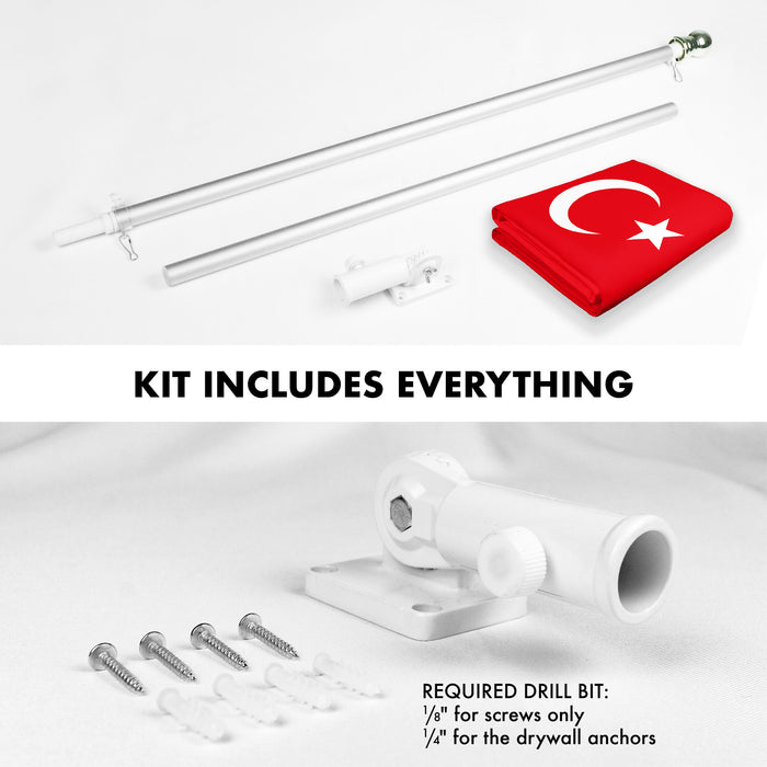G128 Combo Pack: 6 Ft Tangle Free Spinning Flagpole (Silver) & Turkey Flag 3x5 Ft Printed 150D Polyester, Brass Grommets (Flag Included) Aluminum Flag Pole
