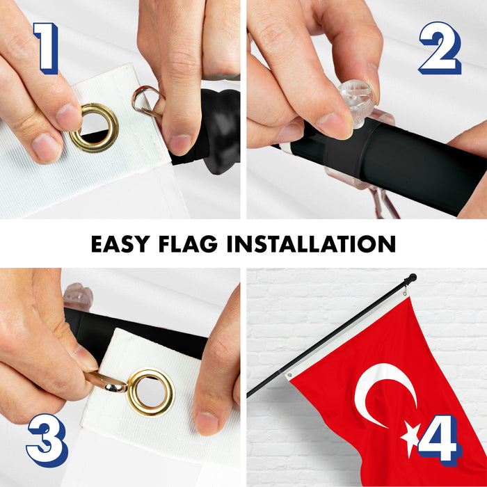 G128 Combo Pack: 6 Ft Tangle Free Spinning Flagpole (Black) & Turkey Flag 3x5 Ft Printed 150D Polyester, Brass Grommets (Flag Included) Aluminum Flag Pole