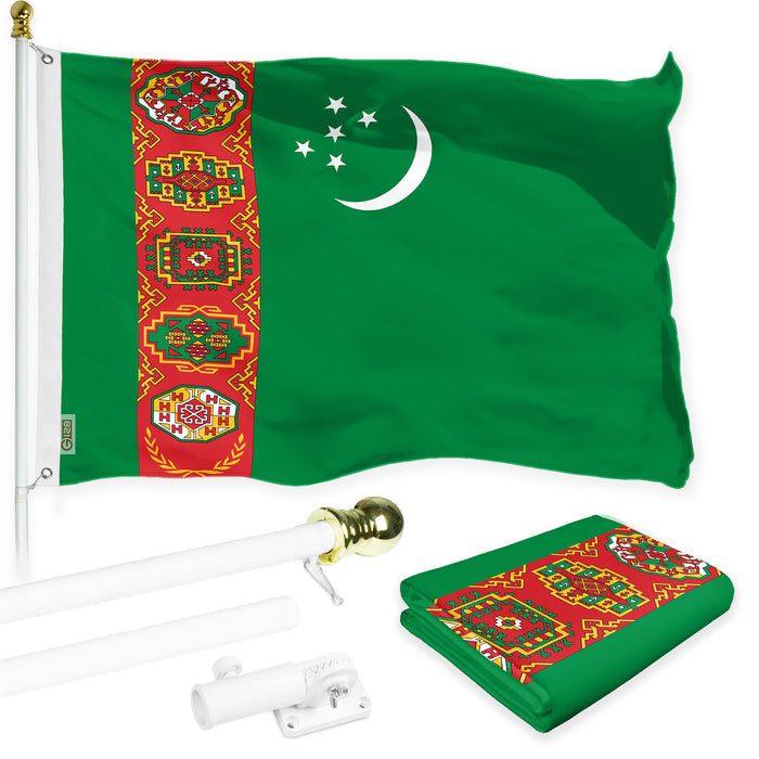 G128 Combo Pack: 6 Ft Tangle Free Spinning Flagpole (White) & Turkmenistan Flag 3x5 Ft Printed 150D Polyester, Brass Grommets (Flag Included) Aluminum Flag Pole