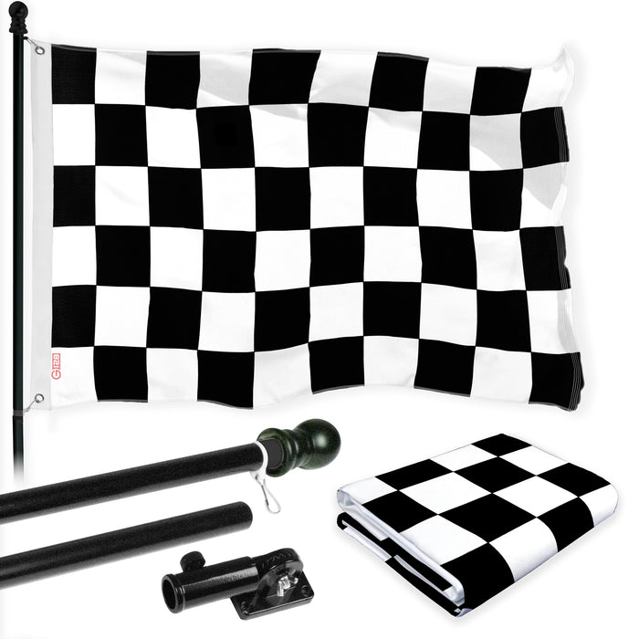 G128 Combo Pack: 6 Ft Tangle Free Spinning Flagpole (Black) & Checkered Flag Flag 3x5 Ft Printed 150D Polyester, Brass Grommets (Flag Included) Aluminum Flag Pole