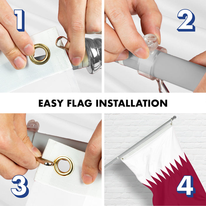 G128 Combo Pack: 6 Ft Tangle Free Spinning Flagpole (Silver) & Qatar Flag 3x5 Ft Printed 150D Polyester, Brass Grommets (Flag Included) Aluminum Flag Pole