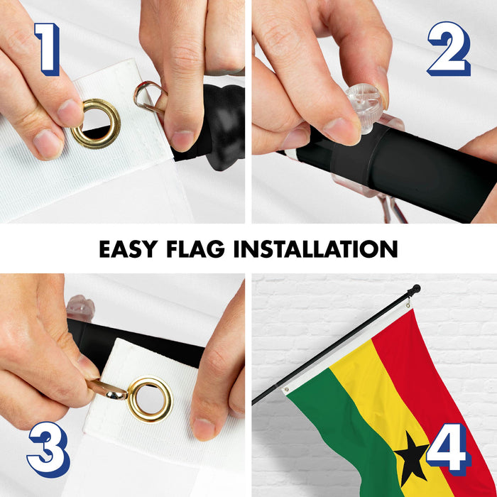 G128 Combo Pack: 6 Ft Tangle Free Spinning Flagpole (Black) & Ghana Flag 3x5 Ft Printed 150D Polyester, Brass Grommets (Flag Included) Aluminum Flag Pole