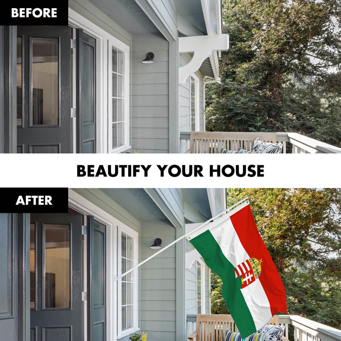 G128 Combo Pack: 6 Ft Tangle Free Spinning Flagpole (White) & Hungary Coat of Arms Flag 3x5 Ft Printed 300D Polyester, Brass Grommets (Flag Included) Aluminum Flag Pole