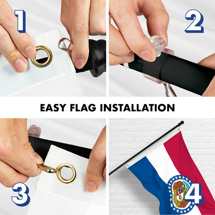 G128 Combo Pack: 6 Ft Tangle Free Spinning Flagpole (Black) & Missouri Flag 3x5 Ft Printed 150D Polyester, Brass Grommets (Flag Included) Aluminum Flag Pole