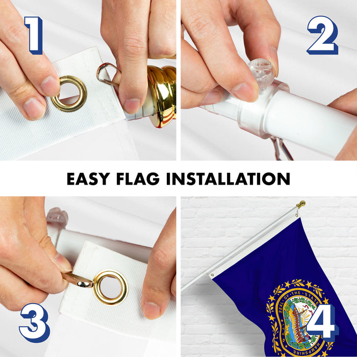 G128 Combo Pack: 6 Ft Tangle Free Spinning Flagpole (White) & New Hampshire Flag 3x5 Ft Printed 150D Polyester, Brass Grommets (Flag Included) Aluminum Flag Pole