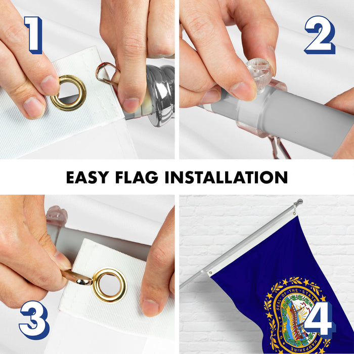 G128 Combo Pack: 6 Ft Tangle Free Spinning Flagpole (Silver) & New Hampshire Flag 3x5 Ft Printed 150D Polyester, Brass Grommets (Flag Included) Aluminum Flag Pole