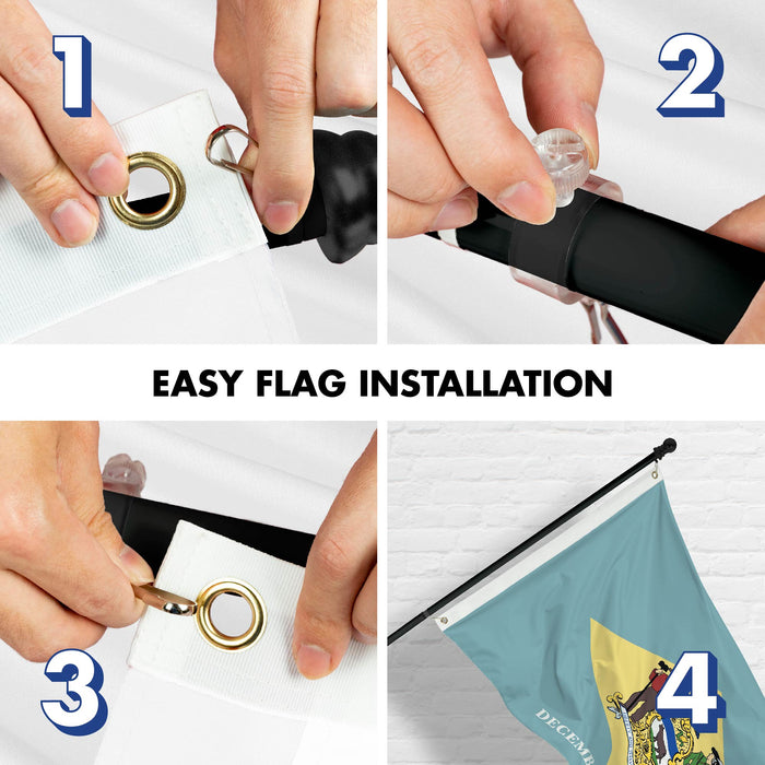 G128 Combo Pack: 6 Ft Tangle Free Spinning Flagpole (Black) & Delaware Flag 3x5 Ft Printed 300D Polyester, Brass Grommets (Flag Included) Aluminum Flag Pole