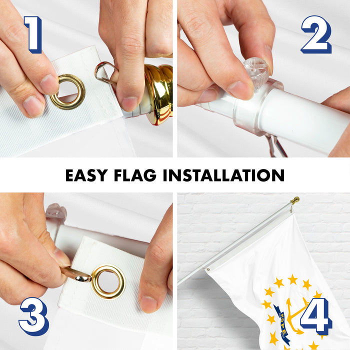G128 Combo Pack: 6 Ft Tangle Free Spinning Flagpole (White) & Rhode Island Flag 3x5 Ft Printed 150D Polyester, Brass Grommets (Flag Included) Aluminum Flag Pole
