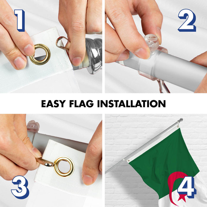 G128 Combo Pack: 6 Ft Tangle Free Spinning Flagpole (Silver) & Algeria Flag 3x5 Ft Printed 150D Polyester, Brass Grommets (Flag Included) Aluminum Flag Pole