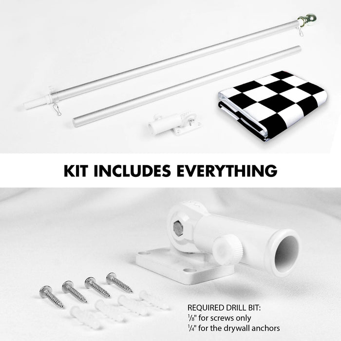 G128 Combo Pack: 6 Ft Tangle Free Spinning Flagpole (Silver) & Checkered Flag Flag 3x5 Ft Printed 150D Polyester, Brass Grommets (Flag Included) Aluminum Flag Pole