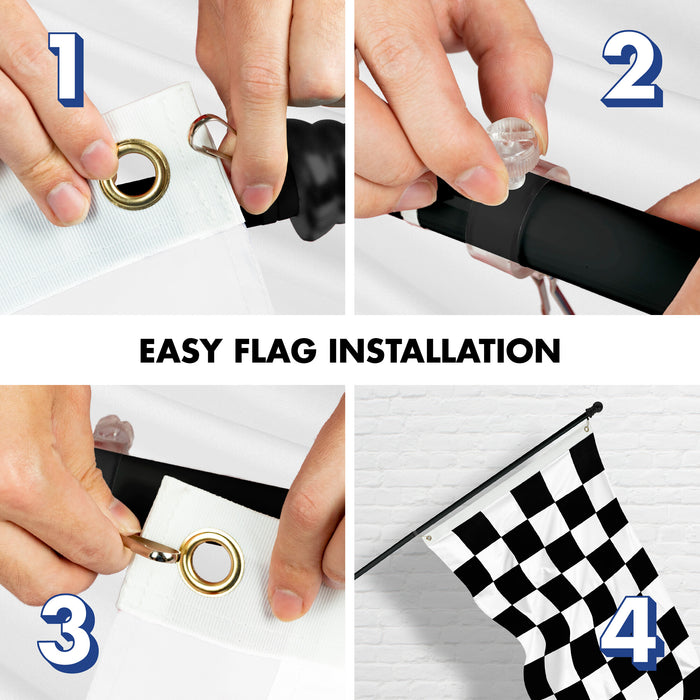 G128 Combo Pack: 6 Ft Tangle Free Spinning Flagpole (Black) & Checkered Flag Flag 3x5 Ft Printed 150D Polyester, Brass Grommets (Flag Included) Aluminum Flag Pole