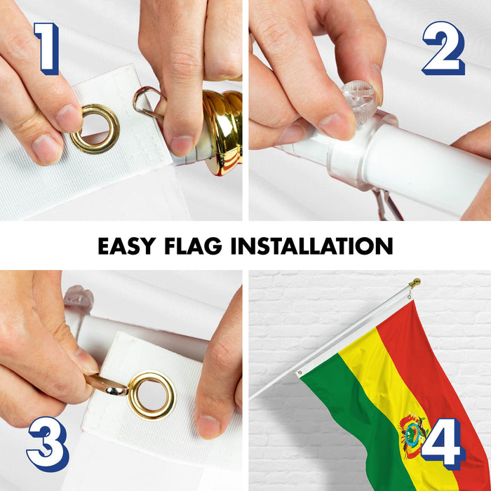 G128 Combo Pack: 6 Ft Tangle Free Spinning Flagpole (White) & Bolivia Flag 3x5 Ft Printed 150D Polyester, Brass Grommets (Flag Included) Aluminum Flag Pole