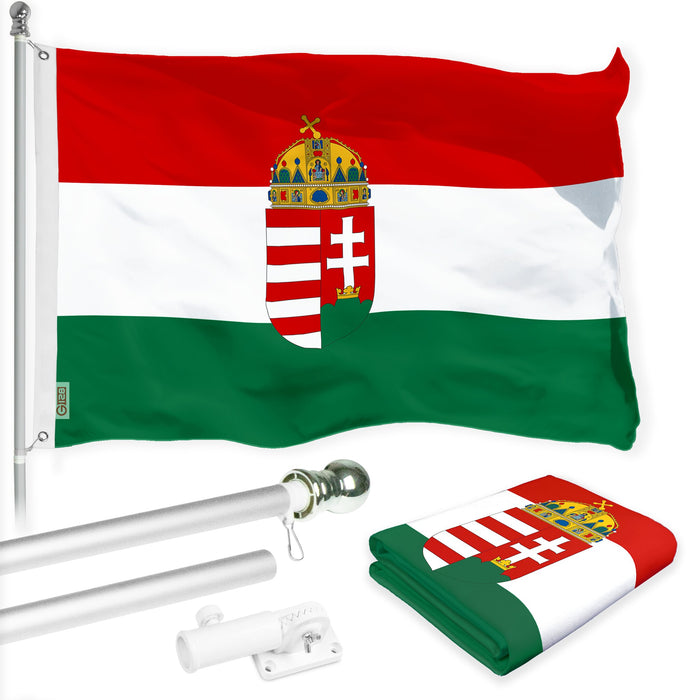 G128 Combo Pack: 6 Ft Tangle Free Spinning Flagpole (Silver) & Hungary Coat of Arms Flag 3x5 Ft Printed 150D Polyester, Brass Grommets (Flag Included) Aluminum Flag Pole