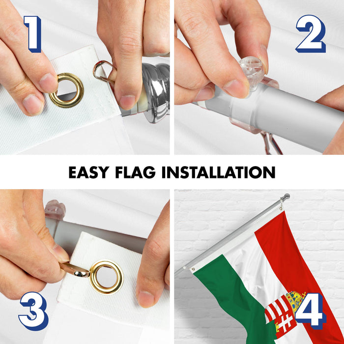 G128 Combo Pack: 6 Ft Tangle Free Spinning Flagpole (Silver) & Hungary Coat of Arms Flag 3x5 Ft Printed 150D Polyester, Brass Grommets (Flag Included) Aluminum Flag Pole