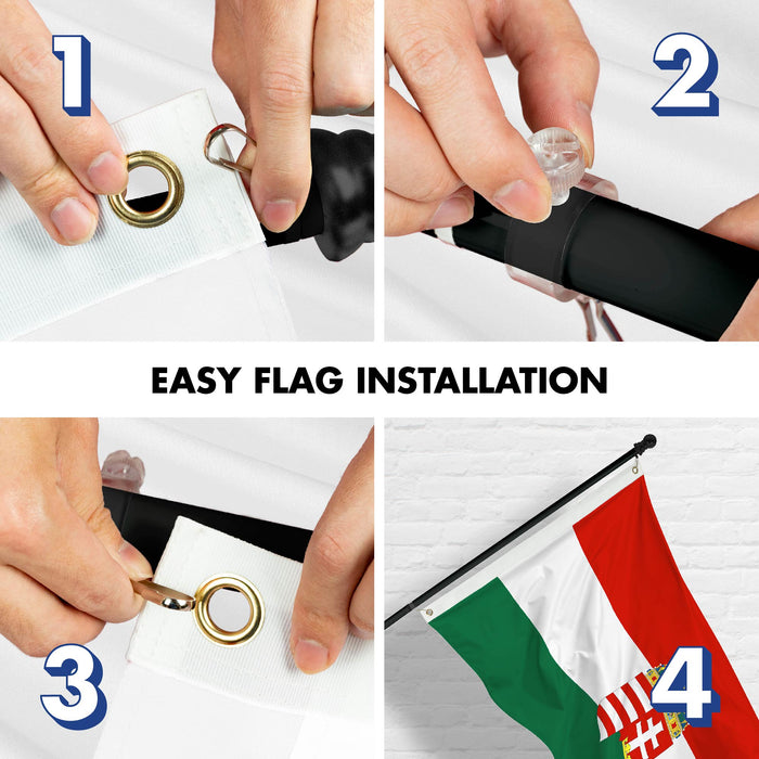 G128 Combo Pack: 6 Ft Tangle Free Spinning Flagpole (Black) & Hungary Coat of Arms Flag 3x5 Ft Printed 300D Polyester, Brass Grommets (Flag Included) Aluminum Flag Pole