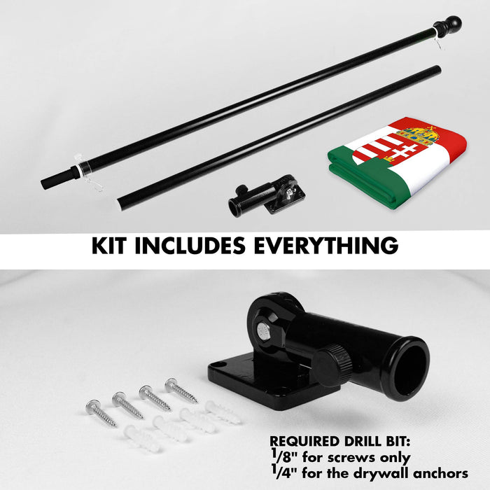 G128 Combo Pack: 6 Ft Tangle Free Spinning Flagpole (Black) & Hungary Coat of Arms Flag 3x5 Ft Printed 300D Polyester, Brass Grommets (Flag Included) Aluminum Flag Pole