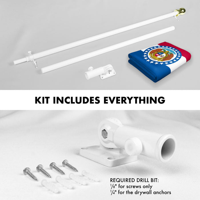 G128 Combo Pack: 6 Ft Tangle Free Spinning Flagpole (White) & Missouri Flag 3x5 Ft Printed 150D Polyester, Brass Grommets (Flag Included) Aluminum Flag Pole