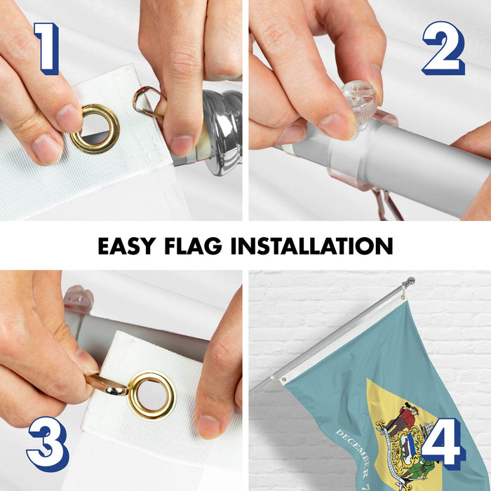 G128 Combo Pack: 6 Ft Tangle Free Spinning Flagpole (Silver) & Delaware Flag 3x5 Ft Printed 150D Polyester, Brass Grommets (Flag Included) Aluminum Flag Pole