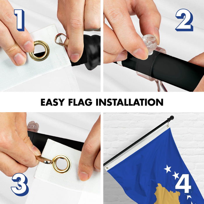 G128 Combo Pack: 6 Ft Tangle Free Spinning Flagpole (Black) & Kosovo Flag 3x5 Ft Printed 150D Polyester, Brass Grommets (Flag Included) Aluminum Flag Pole