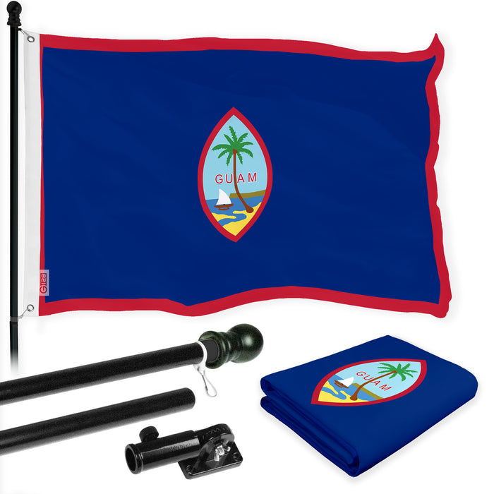 G128 Combo Pack: 6 Ft Tangle Free Spinning Flagpole (Black) & Guam Flag 3x5 Ft Printed 150D Polyester, Brass Grommets (Flag Included) Aluminum Flag Pole