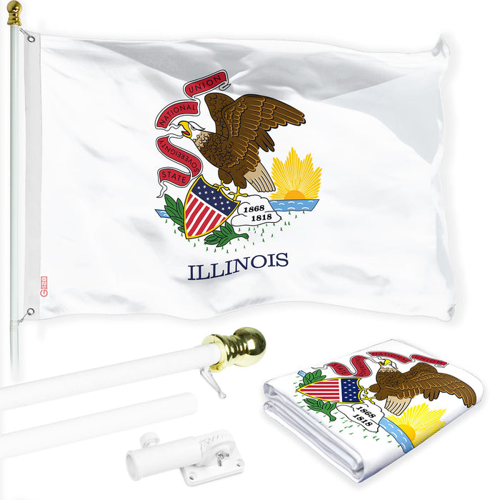 G128 Combo Pack: 6 Ft Tangle Free Spinning Flagpole (White) & Illinois Flag 3x5 Ft Printed 150D Polyester, Brass Grommets (Flag Included) Aluminum Flag Pole