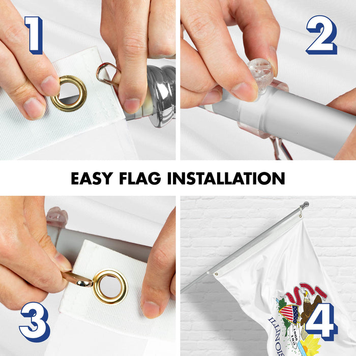 G128 Combo Pack: 6 Ft Tangle Free Spinning Flagpole (Silver) & Illinois Flag 3x5 Ft Printed 150D Polyester, Brass Grommets (Flag Included) Aluminum Flag Pole
