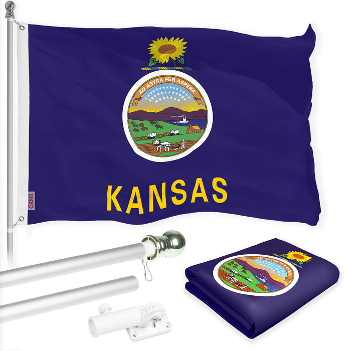 G128 Combo Pack: 6 Ft Tangle Free Spinning Flagpole (Silver) & Kansas Flag 3x5 Ft Printed 150D Polyester, Brass Grommets (Flag Included) Aluminum Flag Pole