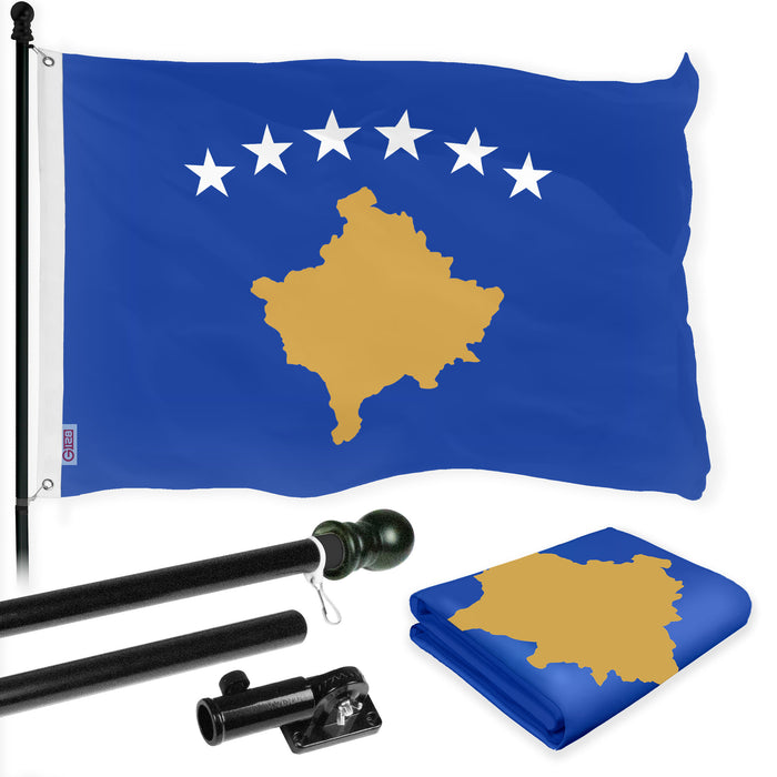 G128 Combo Pack: 6 Ft Tangle Free Spinning Flagpole (Black) & Kosovo Flag 3x5 Ft Printed 150D Polyester, Brass Grommets (Flag Included) Aluminum Flag Pole