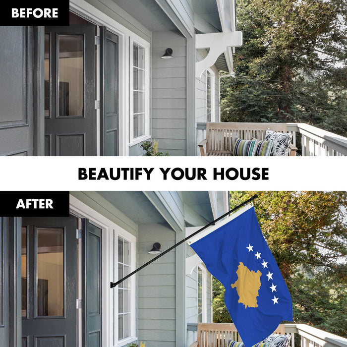 G128 Combo Pack: 6 Ft Tangle Free Spinning Flagpole (Black) & Kosovo Flag 3x5 Ft Printed 150D Polyester, Brass Grommets (Flag Included) Aluminum Flag Pole