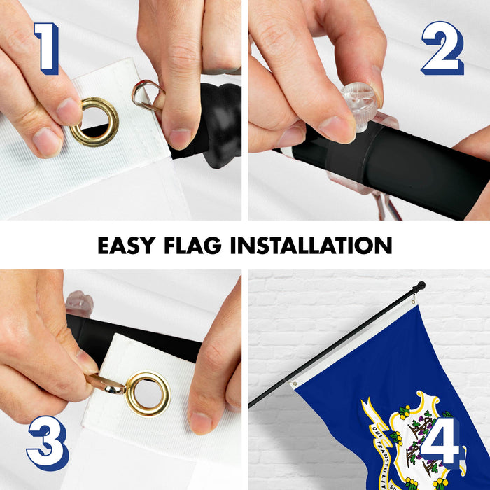 G128 Combo Pack: 6 Ft Tangle Free Spinning Flagpole (Black) & Connecticut Flag 3x5 Ft Printed 150D Polyester, Brass Grommets (Flag Included) Aluminum Flag Pole