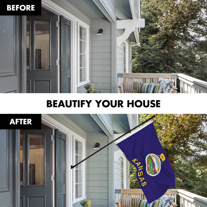 G128 Combo Pack: 6 Ft Tangle Free Spinning Flagpole (Black) & Kansas Flag 3x5 Ft Printed 300D Polyester, Brass Grommets (Flag Included) Aluminum Flag Pole