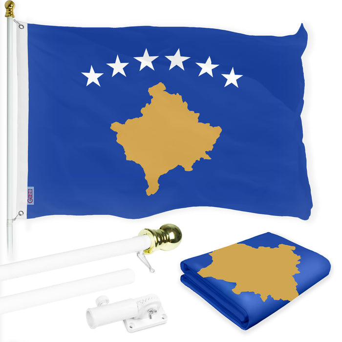G128 Combo Pack: 6 Ft Tangle Free Spinning Flagpole (White) & Kosovo Flag 3x5 Ft Printed 150D Polyester, Brass Grommets (Flag Included) Aluminum Flag Pole