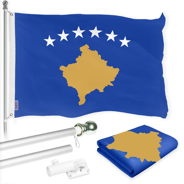 G128 Combo Pack: 6 Ft Tangle Free Spinning Flagpole (Silver) & Kosovo Flag 3x5 Ft Printed 150D Polyester, Brass Grommets (Flag Included) Aluminum Flag Pole