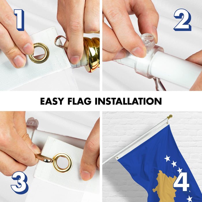 G128 Combo Pack: 6 Ft Tangle Free Spinning Flagpole (White) & Kosovo Flag 3x5 Ft Printed 150D Polyester, Brass Grommets (Flag Included) Aluminum Flag Pole
