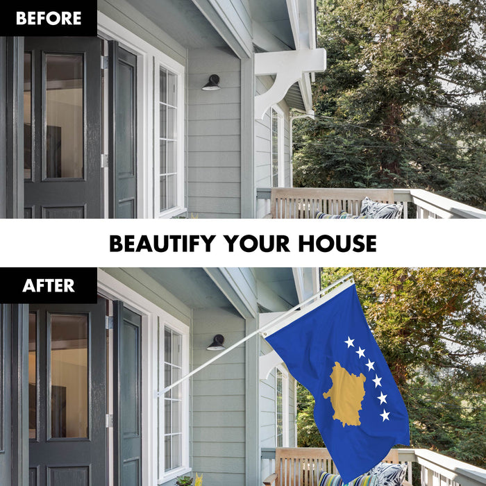 G128 Combo Pack: 6 Ft Tangle Free Spinning Flagpole (White) & Kosovo Flag 3x5 Ft Printed 150D Polyester, Brass Grommets (Flag Included) Aluminum Flag Pole