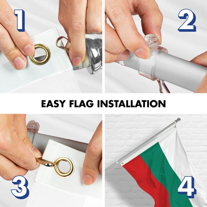 G128 Combo Pack: 6 Ft Tangle Free Spinning Flagpole (Silver) & Bulgaria Flag 3x5 Ft Printed 150D Polyester, Brass Grommets (Flag Included) Aluminum Flag Pole