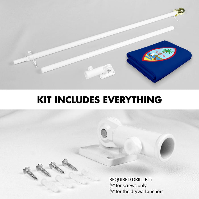 G128 Combo Pack: 6 Ft Tangle Free Spinning Flagpole (White) & Guam Flag 3x5 Ft Printed 150D Polyester, Brass Grommets (Flag Included) Aluminum Flag Pole