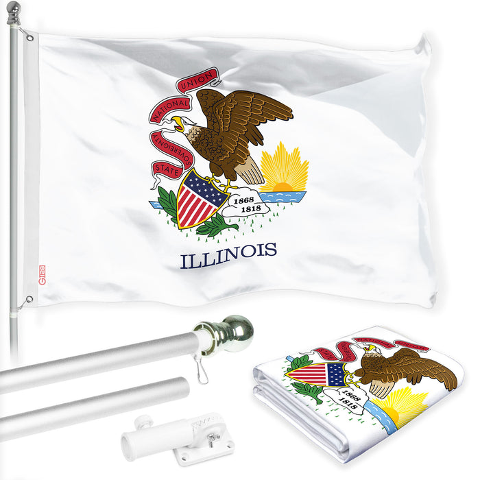 G128 Combo Pack: 6 Ft Tangle Free Spinning Flagpole (Silver) & Illinois Flag 3x5 Ft Printed 150D Polyester, Brass Grommets (Flag Included) Aluminum Flag Pole