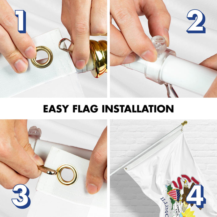 G128 Combo Pack: 6 Ft Tangle Free Spinning Flagpole (White) & Illinois Flag 3x5 Ft Printed 150D Polyester, Brass Grommets (Flag Included) Aluminum Flag Pole