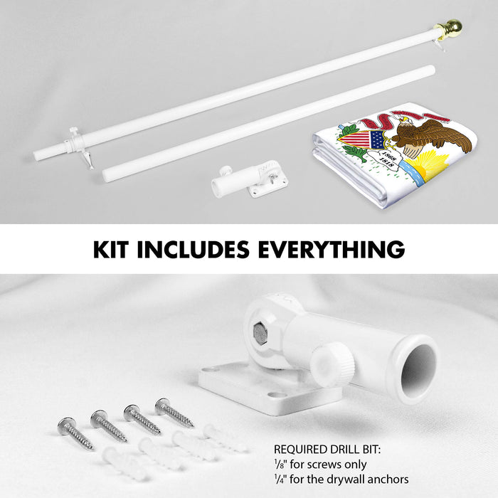 G128 Combo Pack: 6 Ft Tangle Free Spinning Flagpole (White) & Illinois Flag 3x5 Ft Printed 150D Polyester, Brass Grommets (Flag Included) Aluminum Flag Pole