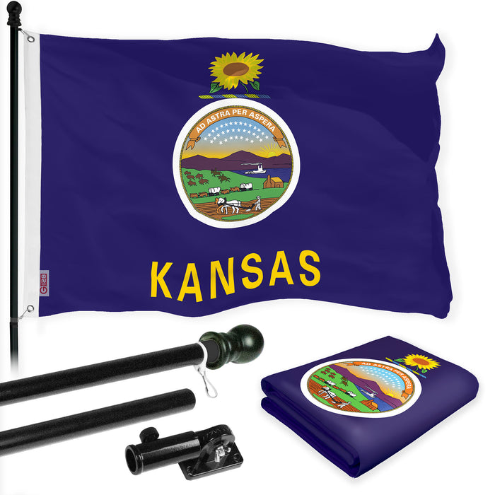 G128 Combo Pack: 6 Ft Tangle Free Spinning Flagpole (Black) & Kansas Flag 3x5 Ft Printed 300D Polyester, Brass Grommets (Flag Included) Aluminum Flag Pole