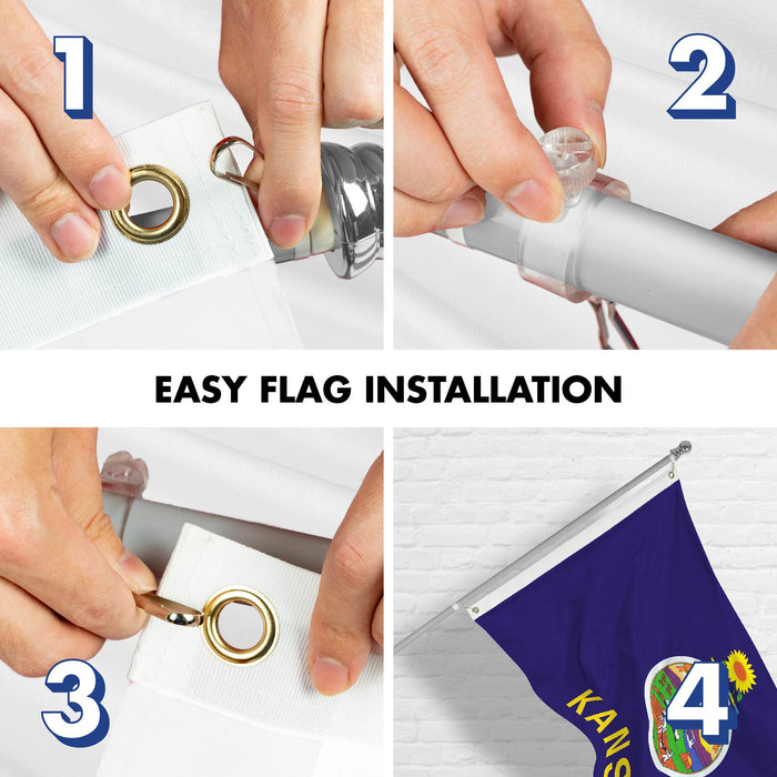 G128 Combo Pack: 6 Ft Tangle Free Spinning Flagpole (Silver) & Kansas Flag 3x5 Ft Printed 150D Polyester, Brass Grommets (Flag Included) Aluminum Flag Pole